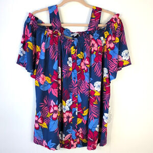 Woman Within Womens Floral Blouse L Blue Multicolor Off Shoulder Tropical Top